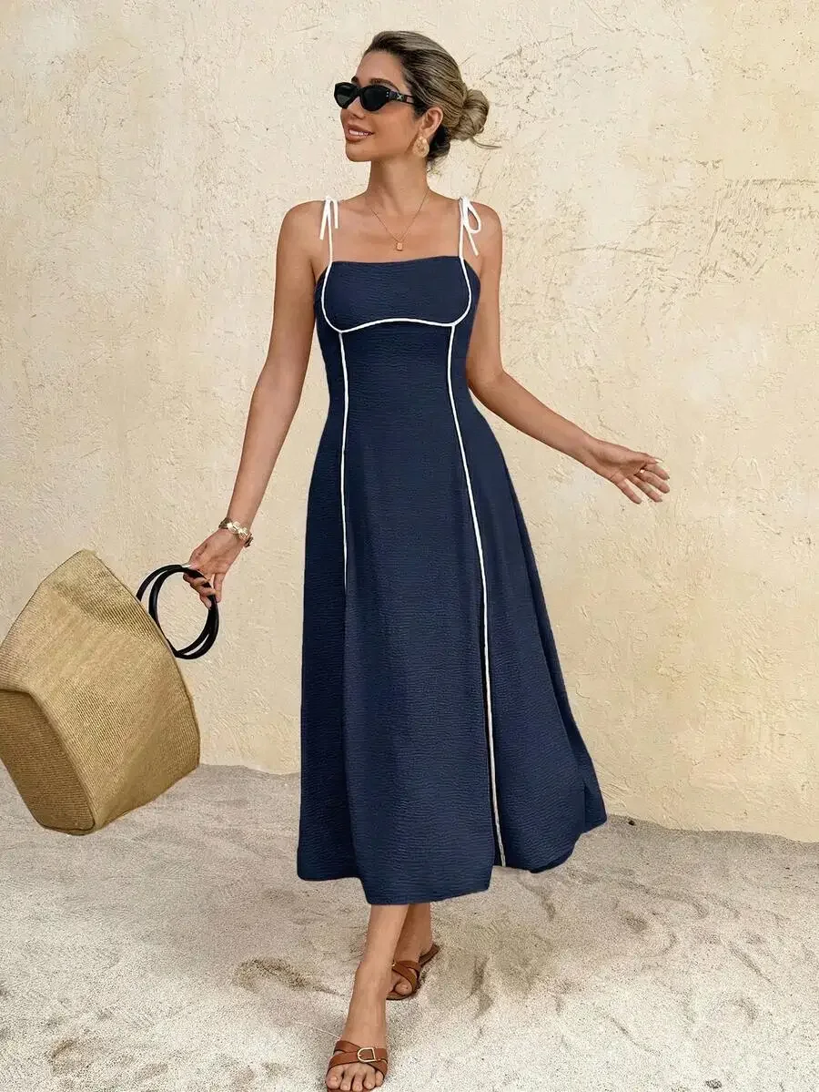 Blue Solid Spaghetti Strap Midi Dress With White Trim For Beach Vacation
Blue Solid Spaghetti Strap Midi Dress With White Trim For Beach Vacation