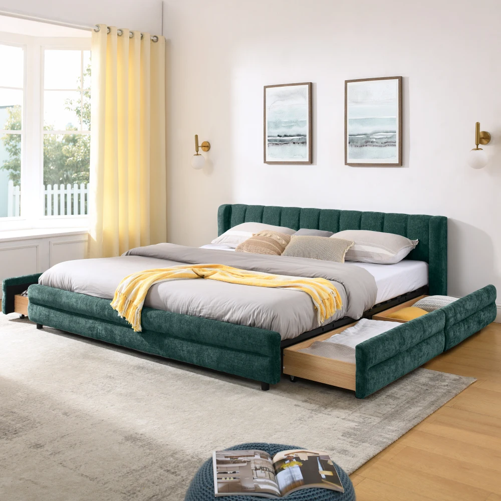 King Size Upholstered Bed Frame: Chenille, Headboard&Solid Frame, Storage Drawers, Blue+Green(86.5''×84''×29.5')
King Size Upholstered Bed Frame: Chenille, Headboard&Solid Frame, Storage Drawers, Blue+Green(86.5''×84''×29.5')