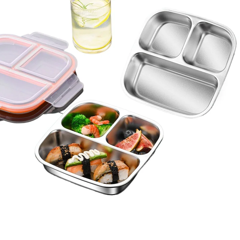 LH stainless steel dinner plate with lid three or four grids with lid for divided quantitative lunch box
LH stainless steel dinner plate with lid three or four grids with lid for divided quantitative lunch box