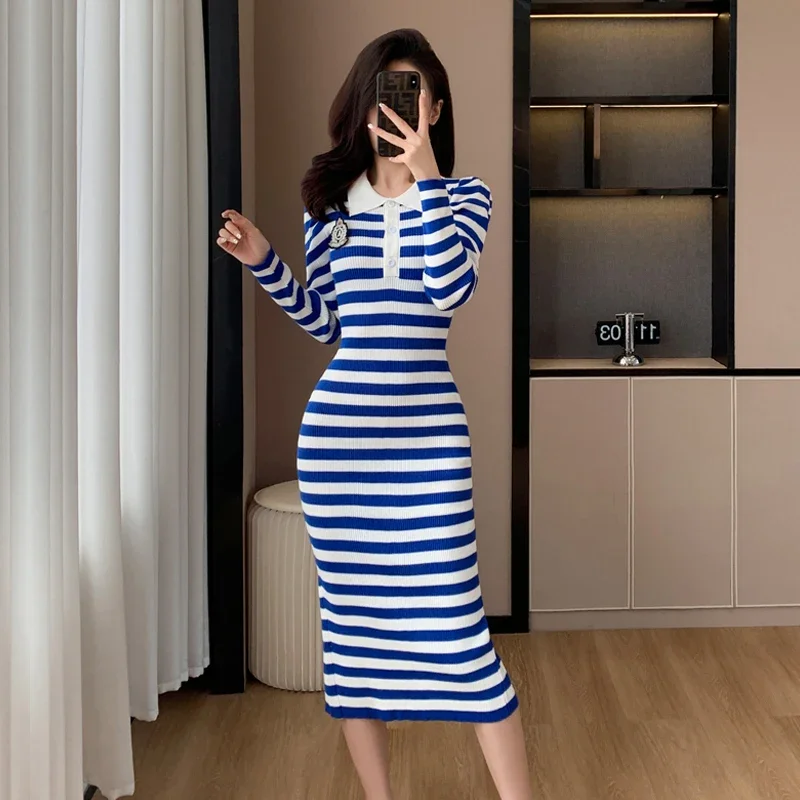 2023 New Autumn Women Vintage StripeD Knitted Dresses Office Bodycon Pencil Sheath Dress Elegant Simple Long Bottoming Vestidos
2023 New Autumn Women Vintage StripeD Knitted Dresses Office Bodycon Pencil Sheath Dress Elegant Simple Long Bottoming Vestidos