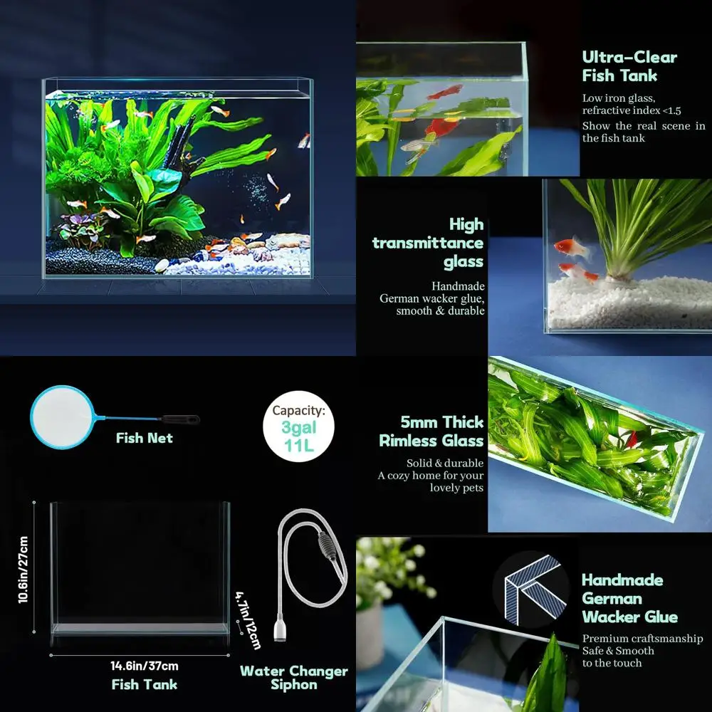 3 Gallon Ultra Clear Glass Fish Tank, Rimless Low Iron Aquarium for Betta/Nano/Goldfish/Snail/Shrimp, Small Fish Tank with Fish
3 Gallon Ultra Clear Glass Fish Tank, Rimless Low Iron Aquarium for Betta/Nano/Goldfish/Snail/Shrimp, Small Fish Tank with Fish