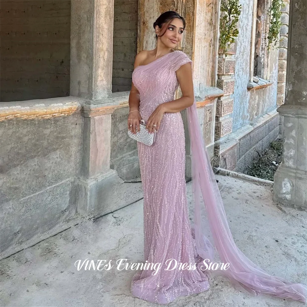 VINES Pink Sweet Formal Gown One Shoulder Prom Dresses Glitter Sequin Mermaid Evening Dress Sweep Train Modern Style Customized
VINES Pink Sweet Formal Gown One Shoulder Prom Dresses Glitter Sequin Mermaid Evening Dress Sweep Train Modern Style Customized