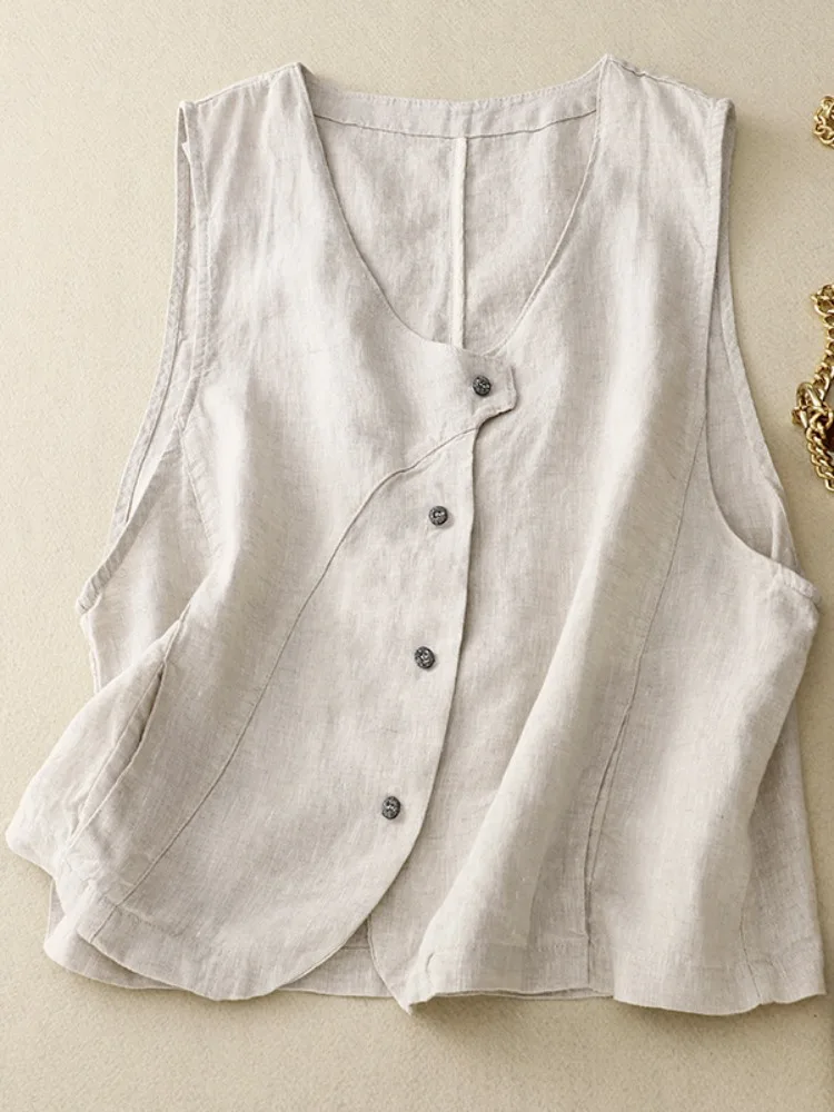 Women's Pure Color Cotton Linen Sleeveless Vest Jacket Summer Commute Fashionable Linen Top V-neck Single Button Design
Women's Pure Color Cotton Linen Sleeveless Vest Jacket Summer Commute Fashionable Linen Top V-neck Single Button Design