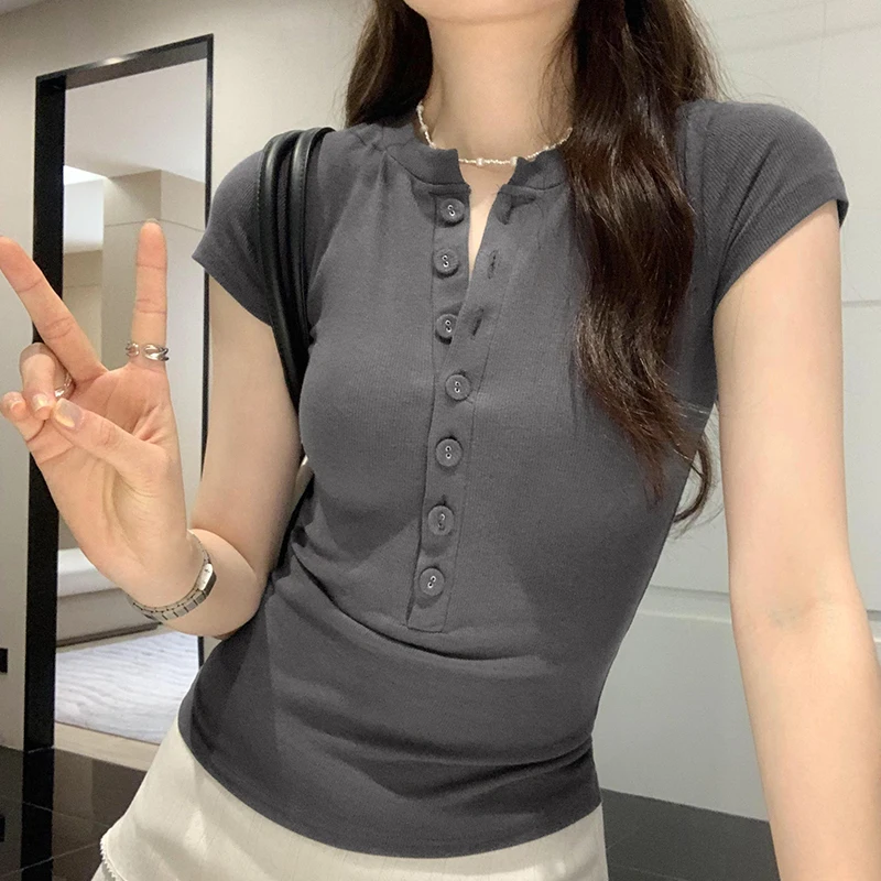 Solid Color Crop Top O Neck Short Sleeve Button T Shirt Women Y2k Harajuku Vintage Basic Chic Pullovers Summer New
Solid Color Crop Top O Neck Short Sleeve Button T Shirt Women Y2k Harajuku Vintage Basic Chic Pullovers Summer New
