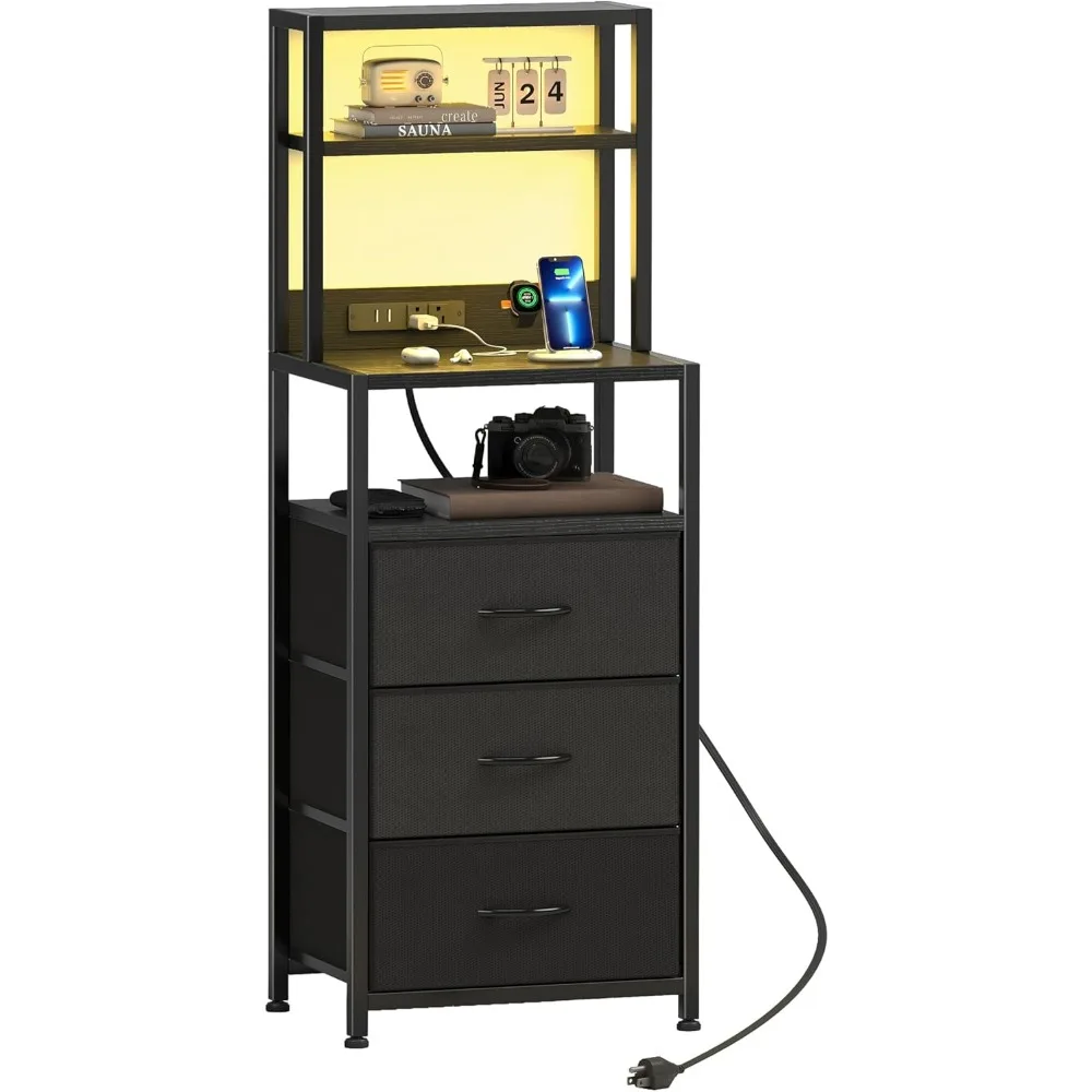 Night Stand, Tall Nightstand with 4-Tier Shelves and 3 Fabric Drawers, Side Tables with Charging Station, Nightstands
Night Stand, Tall Nightstand with 4-Tier Shelves and 3 Fabric Drawers, Side Tables with Charging Station, Nightstands