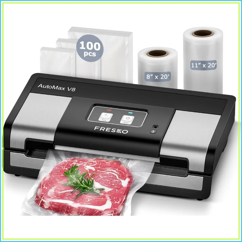 95Kpa Auto Vacuum Sealer, Dry-Wet Detection, Bag Cutter, 2 Rolls & 100 Bags, Effortless, Silver-Black
95Kpa Auto Vacuum Sealer, Dry-Wet Detection, Bag Cutter, 2 Rolls & 100 Bags, Effortless, Silver-Black
