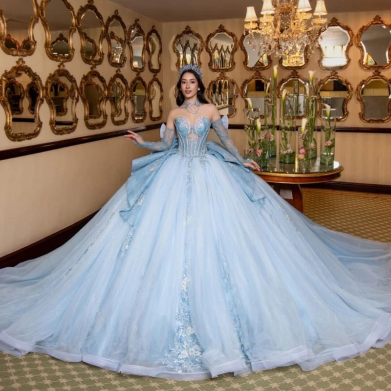 Light Blue Shiny Ball Gown Quinceanera Dresses Applique Lace Beading Crystal Tiered Tull Bow Corset Off The Shoulder Sweet 16
Light Blue Shiny Ball Gown Quinceanera Dresses Applique Lace Beading Crystal Tiered Tull Bow Corset Off The Shoulder Sweet 16