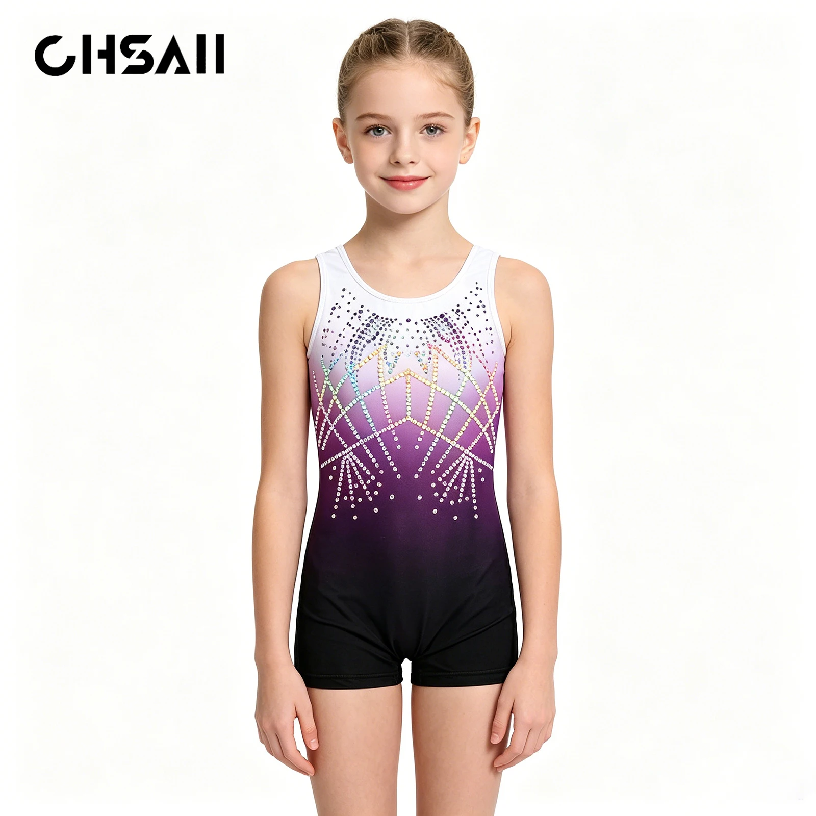 Girls Gymnastics Leotard Sleeveless Purple Gradient Shiny Rhinestone Short Unitard for Kids Dance Competition Costume
Girls Gymnastics Leotard Sleeveless Purple Gradient Shiny Rhinestone Short Unitard for Kids Dance Competition Costume