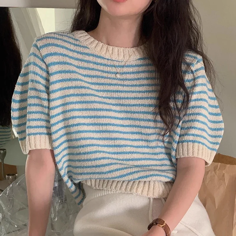 Chic Spring Summer Vintage round Ne Loose Casual Color Blo Stripe ort Sve Knitted Top Women's Faion Korean Sle
Chic Spring Summer Vintage round Ne Loose Casual Color Blo Stripe ort Sve Knitted Top Women's Faion Korean Sle