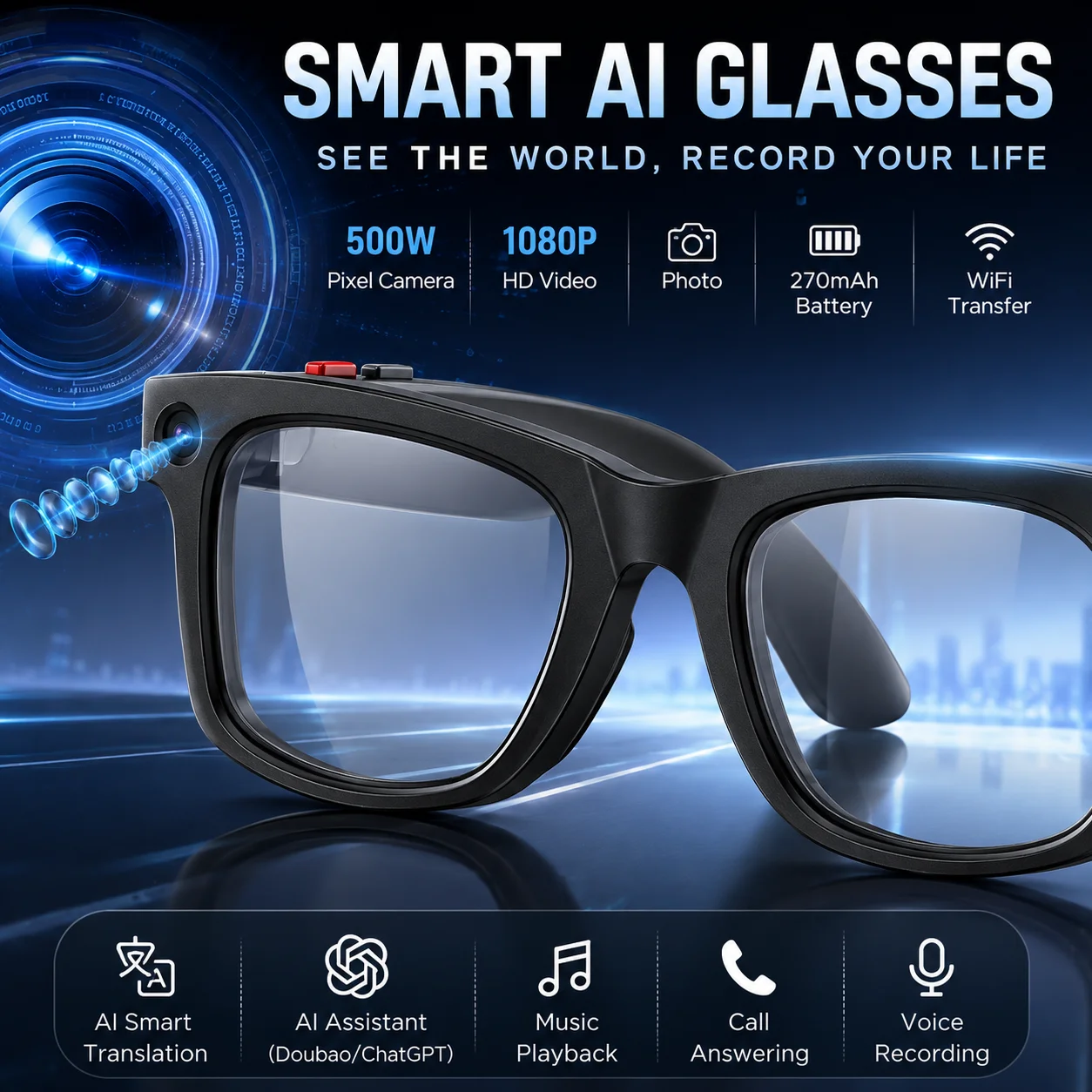 LIGE New Smart Glasses 500W Shooting Camera 1080P Photo Remote Video Voice Recording AI Translation Bluetooth Call Smartglasses
LIGE New Smart Glasses 500W Shooting Camera 1080P Photo Remote Video Voice Recording AI Translation Bluetooth Call Smartglasses