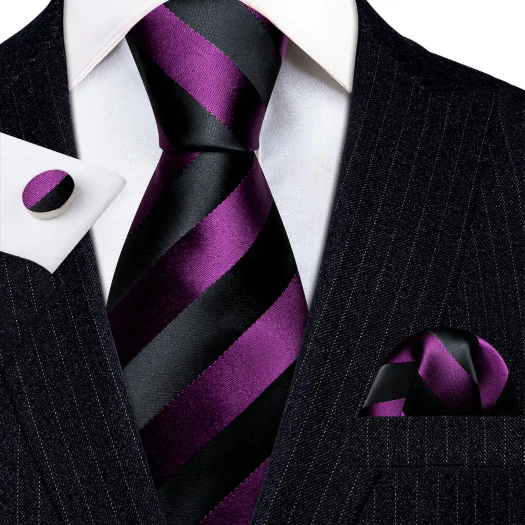 Designer Mens Ties Set Purple Black Striped Gold Blue Green Red White Necktie Handkerchief Cufflinks Set Wedding Barry·Wang 6138
Designer Mens Ties Set Purple Black Striped Gold Blue Green Red White Necktie Handkerchief Cufflinks Set Wedding Barry·Wang 6138