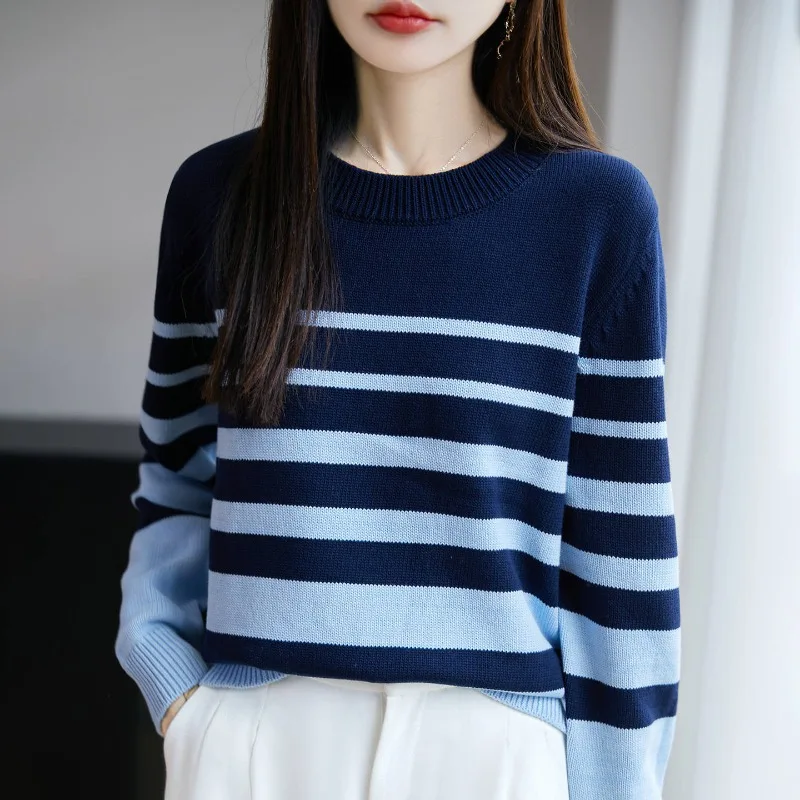 Полосатая трикотажная нижняя рубашка с круглым вырезом, женский свитер, пуловер, новая мода, контрастные длинные рукава с теплыми свитера для женщин
Полосатая трикотажная нижняя рубашка с круглым вырезом, женский свитер, пуловер, новая мода, контрастные длинные рукава с теплыми свитера для женщин