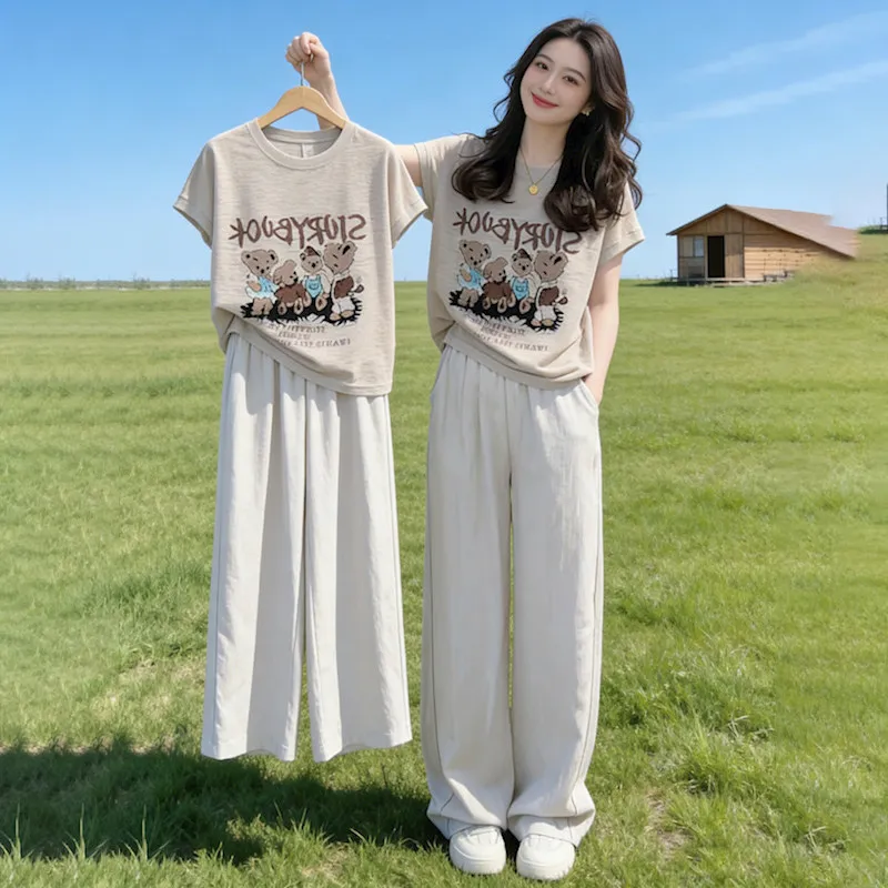 Summer Casual Sportswear Set Women's Short Sleeve T-Shirt Wide Leg Pants Two-Piece Cartoon Print Comfortable Fashion Outfit
Summer Casual Sportswear Set Women's Short Sleeve T-Shirt Wide Leg Pants Two-Piece Cartoon Print Comfortable Fashion Outfit