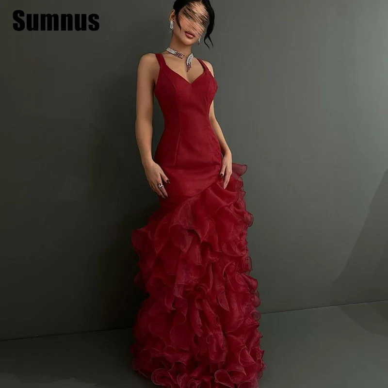 Sumnus Modern Mermaid Evening Dresses Red V-Neck Sleeveless Tiered Party Dresses Floor-Length Prom Dresses Customized
Sumnus Modern Mermaid Evening Dresses Red V-Neck Sleeveless Tiered Party Dresses Floor-Length Prom Dresses Customized