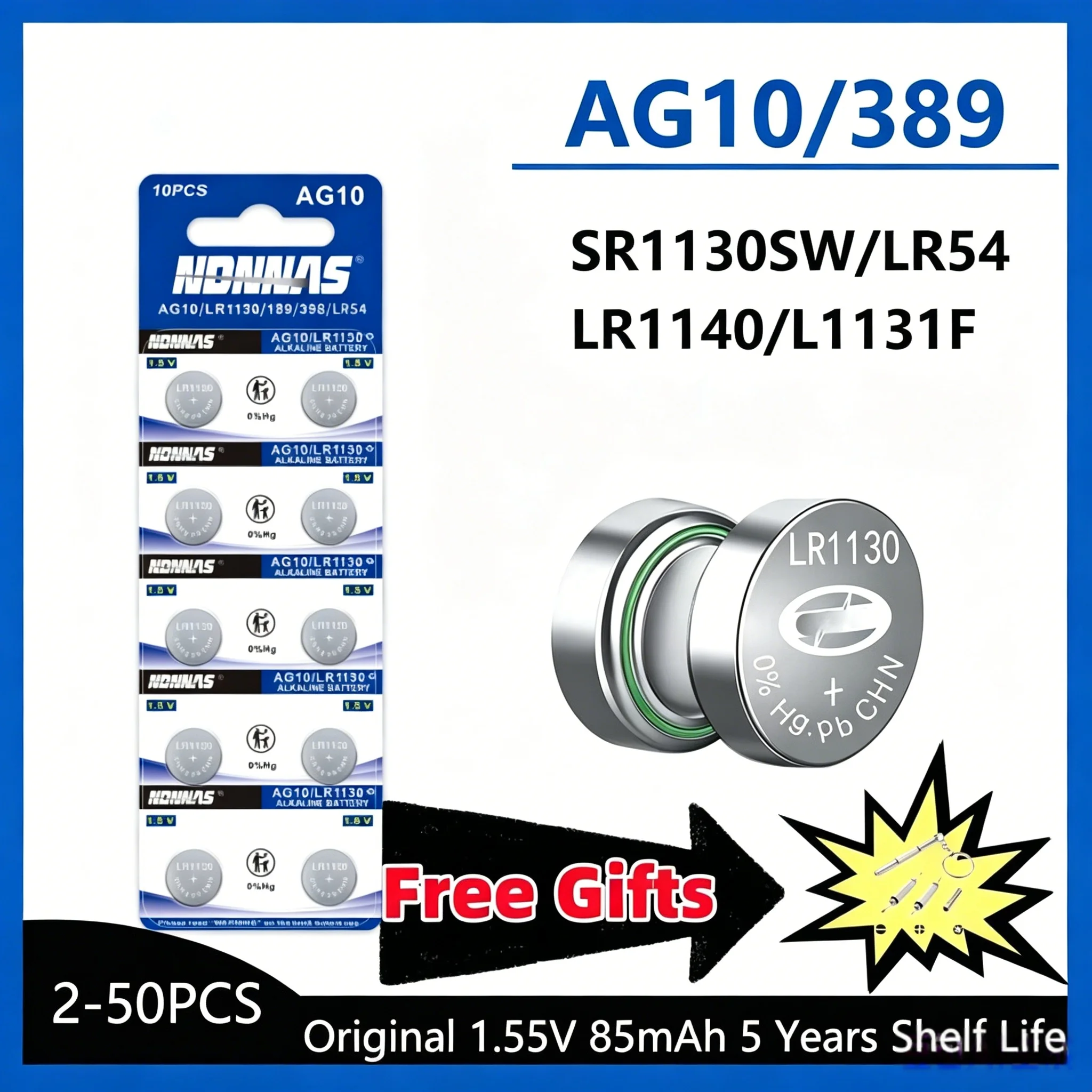 NEW AG10 LR1130 Batteries 389A LR1130 LR54 L1131 SR1130 High Capacity Button Cell Coin Battery for Watches Calculators Lasers
NEW AG10 LR1130 Batteries 389A LR1130 LR54 L1131 SR1130 High Capacity Button Cell Coin Battery for Watches Calculators Lasers