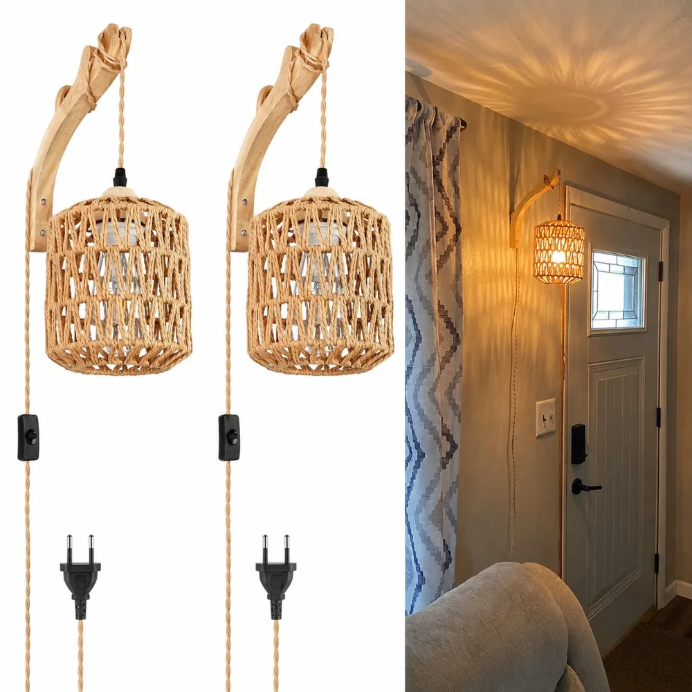 Rattan Wall Lamp with Plug in Cord Hand Woven Plug in Farmhouse Sconce Boho Paper Rope Wall Lighting for Bedroom Living Room
Rattan Wall Lamp with Plug in Cord Hand Woven Plug in Farmhouse Sconce Boho Paper Rope Wall Lighting for Bedroom Living Room