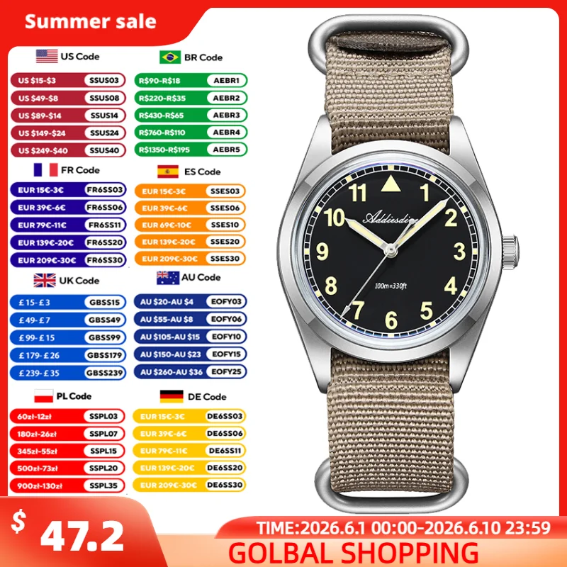 ADDIESDIVE 36mm Men's VH31 Quartz Watch 100M Waterproof Super Luminous Wristwatch Domed Bubble Glass Nylon Strap Vintage Watches
ADDIESDIVE 36mm Men's VH31 Quartz Watch 100M Waterproof Super Luminous Wristwatch Domed Bubble Glass Nylon Strap Vintage Watches