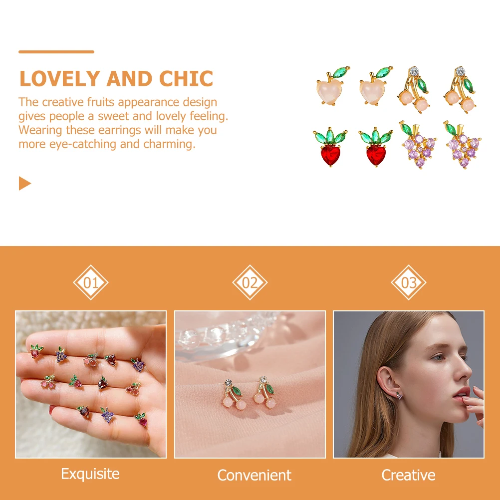 4 Pairs Fruit Earrings Stud Small Jewelries Gifts Purple Grape Strawberry Peach Lightweight Stylish All
4 Pairs Fruit Earrings Stud Small Jewelries Gifts Purple Grape Strawberry Peach Lightweight Stylish All