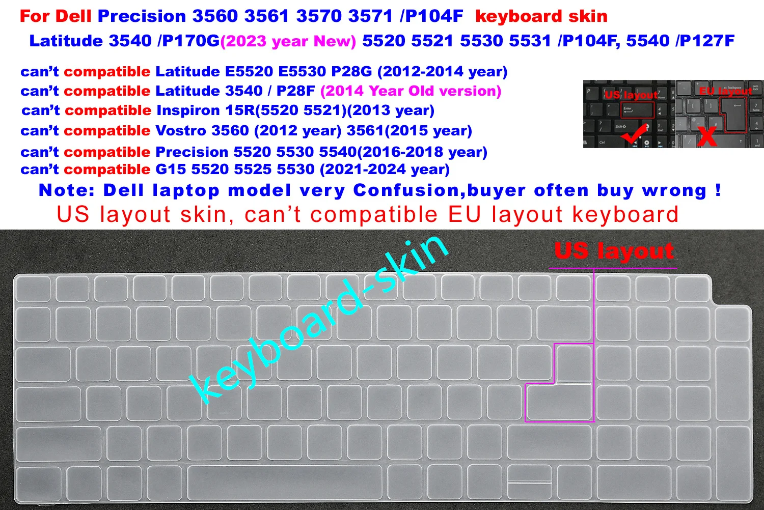 US Keyboard Skin Cover for Dell Latitude 3540 P170G 5520 5521 5530 5531 P104F 5540 P127F Precision 3560 3561 3570 3571 P104F
US Keyboard Skin Cover for Dell Latitude 3540 P170G 5520 5521 5530 5531 P104F 5540 P127F Precision 3560 3561 3570 3571 P104F