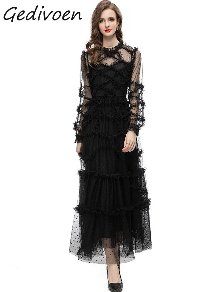 Gedivoen Summer Fashion Designer Black Vintage Dot Dress Women's Lantern Sleeve Mesh Ruffles Spliced High Waist Slim Long Dress
Gedivoen Summer Fashion Designer Black Vintage Dot Dress Women's Lantern Sleeve Mesh Ruffles Spliced High Waist Slim Long Dress