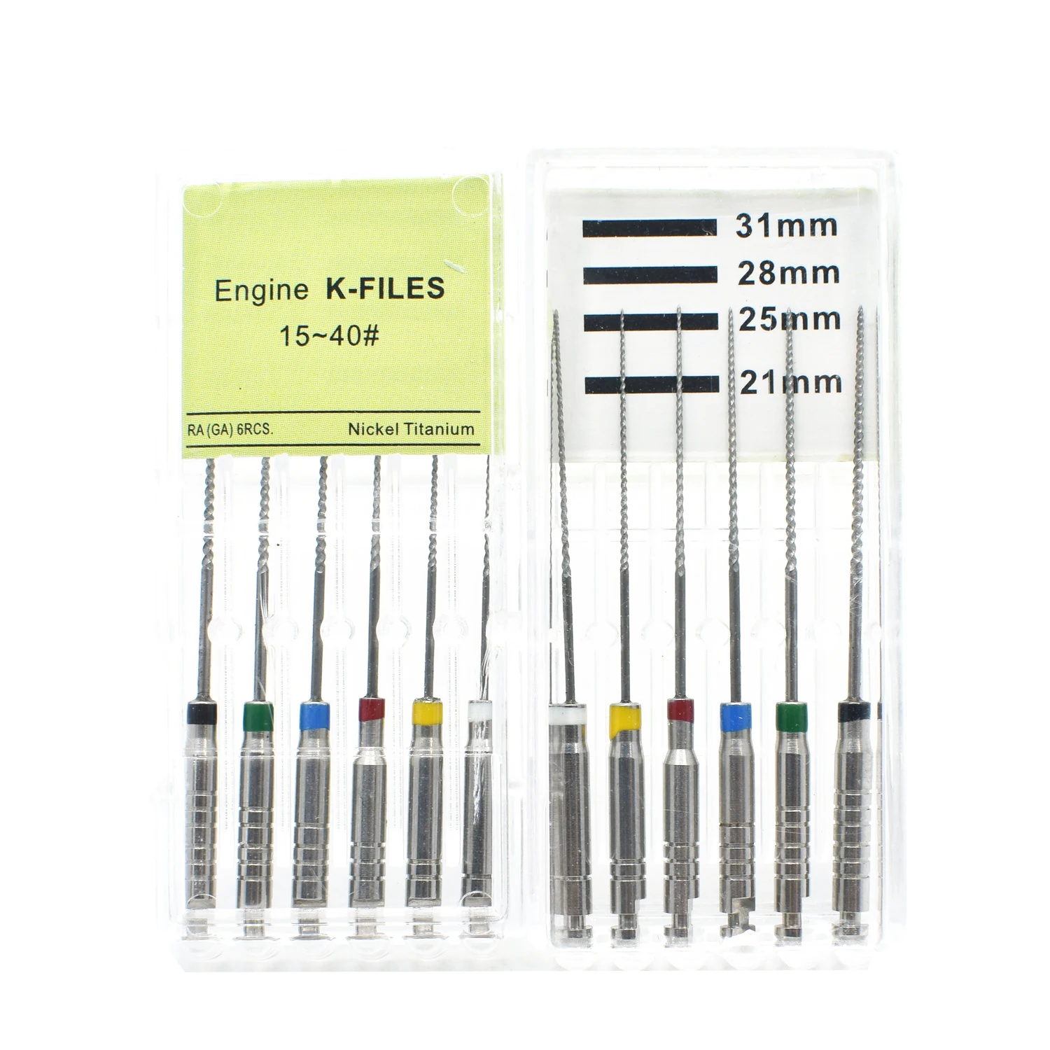6Pcs/Pack Dental Niti Engine Use Files Endodontic Instruments Root Canal File 21/25mm #15-40
6Pcs/Pack Dental Niti Engine Use Files Endodontic Instruments Root Canal File 21/25mm #15-40
