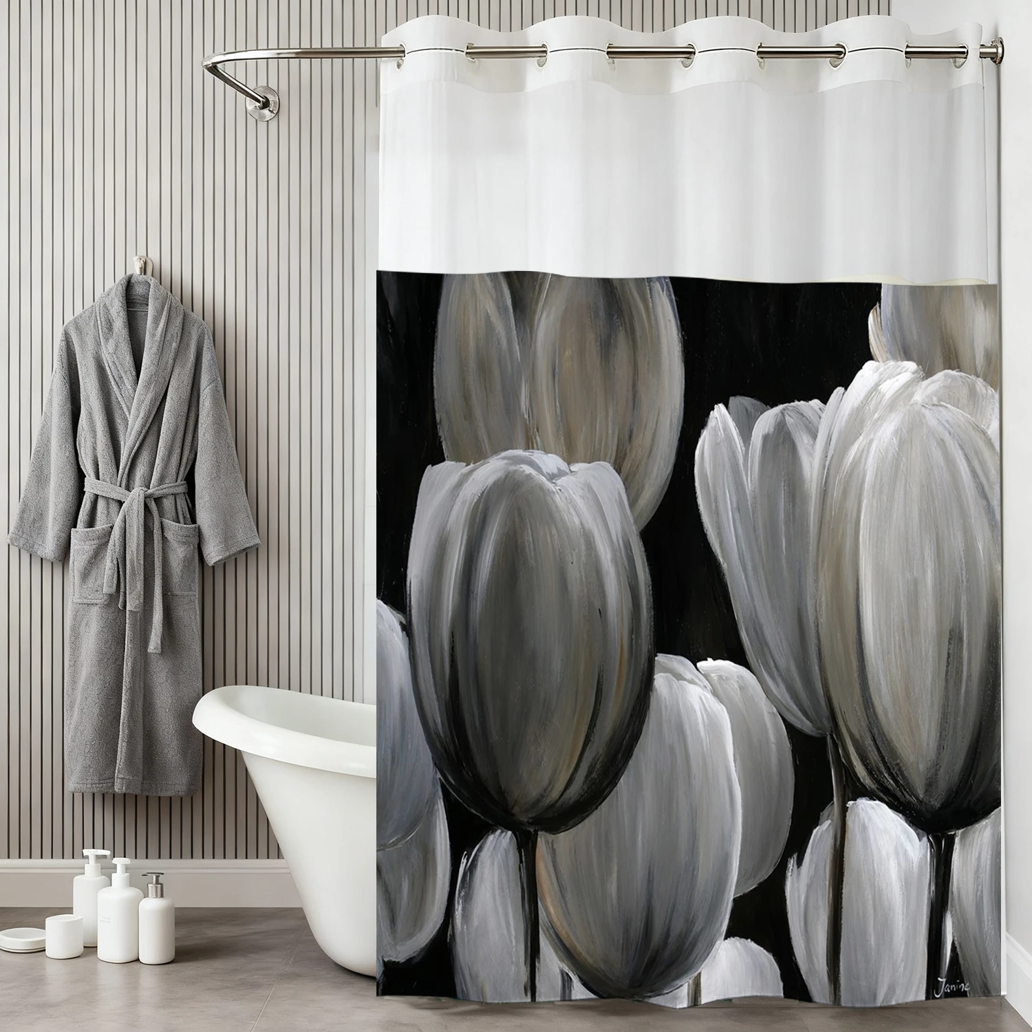 No Hook Gray Floral Shower Curtain With Snap-in Fabric Liner, Sheer Top Window, Waterproof Double Layer Bathtub curtain
No Hook Gray Floral Shower Curtain With Snap-in Fabric Liner, Sheer Top Window, Waterproof Double Layer Bathtub curtain