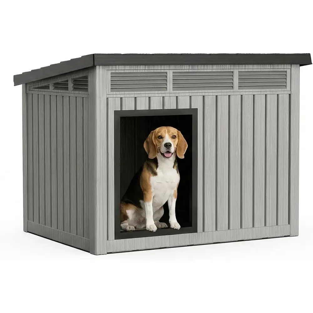 Medium Size Weatherproof Resin Dog House with Openable Roof for Easy Cleaning, Sloped Roof, Air Vents, Gray
Medium Size Weatherproof Resin Dog House with Openable Roof for Easy Cleaning, Sloped Roof, Air Vents, Gray