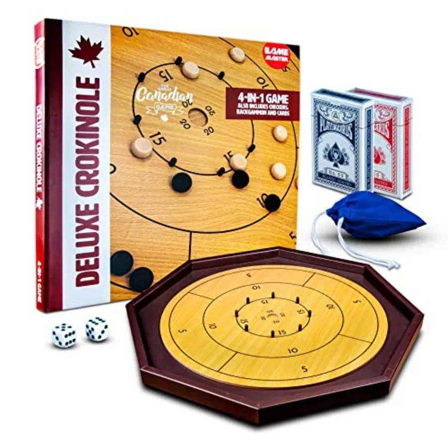 4-in-1 Deluxe Crokinole Board Game Set for home game nights: wood board, natural finish, includes 32 discs, 2 dice, 2 card deck
4-in-1 Deluxe Crokinole Board Game Set for home game nights: wood board, natural finish, includes 32 discs, 2 dice, 2 card deck