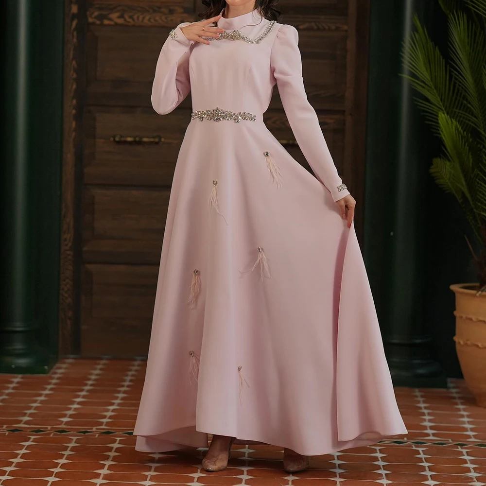 Customized A-line Evening Dresses Ankle-length High-neck Full Sleeve Prom Gown Fashion Crystal Feathers Simple Draped Party Gown
Customized A-line Evening Dresses Ankle-length High-neck Full Sleeve Prom Gown Fashion Crystal Feathers Simple Draped Party Gown