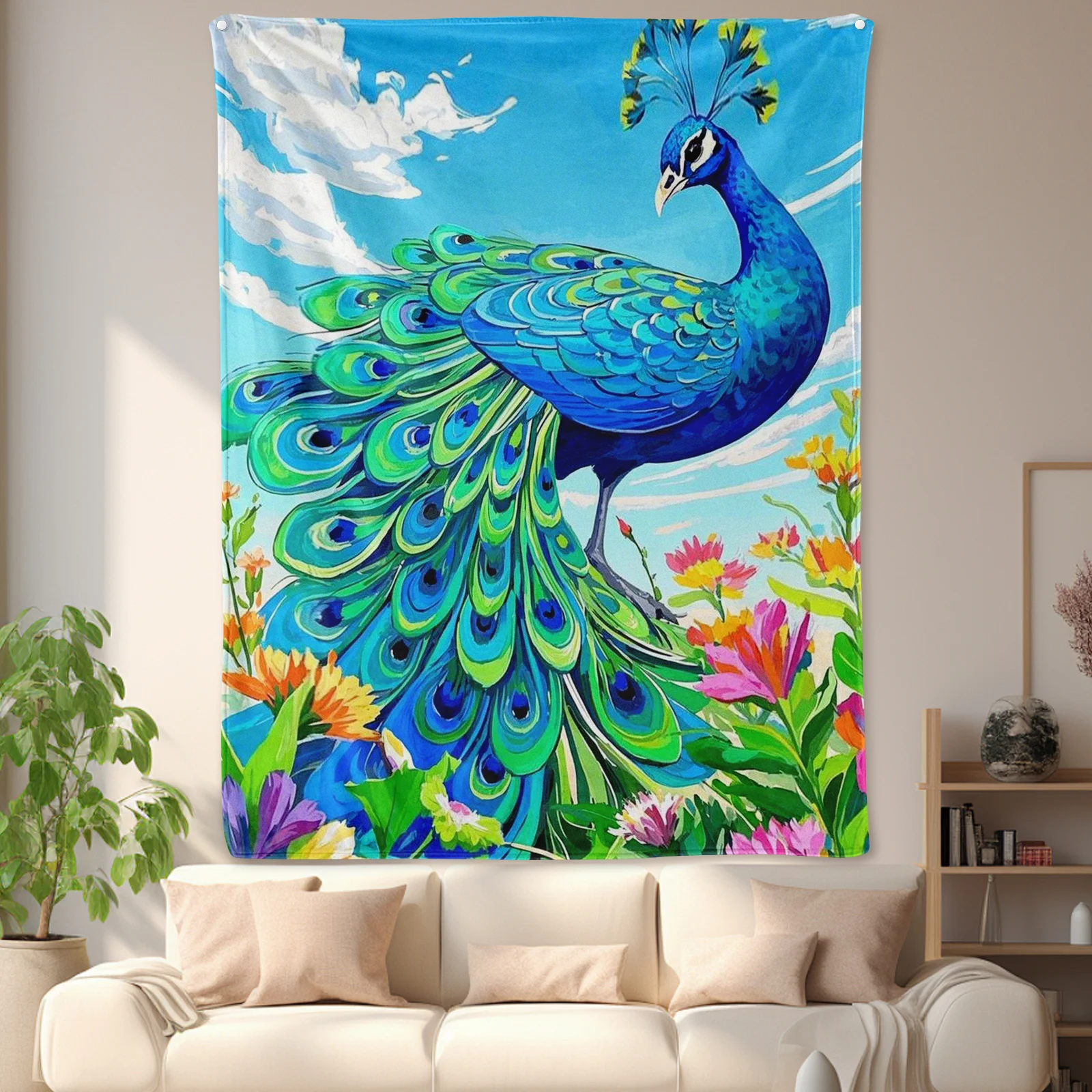 Illustrated Peacock Design With Blue Sky Floral Patterns And White Clouds Cozy Blanket For Artistic Home Decor And
Illustrated Peacock Design With Blue Sky Floral Patterns And White Clouds Cozy Blanket For Artistic Home Decor And