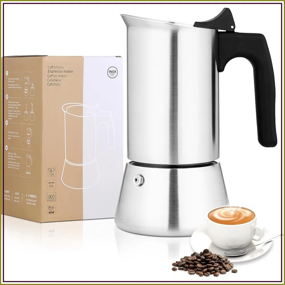9-Cup Stainless Steel Moka Pot, 450ml Espresso Maker for Induction & Gas Stoves, Camping & Home Use
9-Cup Stainless Steel Moka Pot, 450ml Espresso Maker for Induction & Gas Stoves, Camping & Home Use