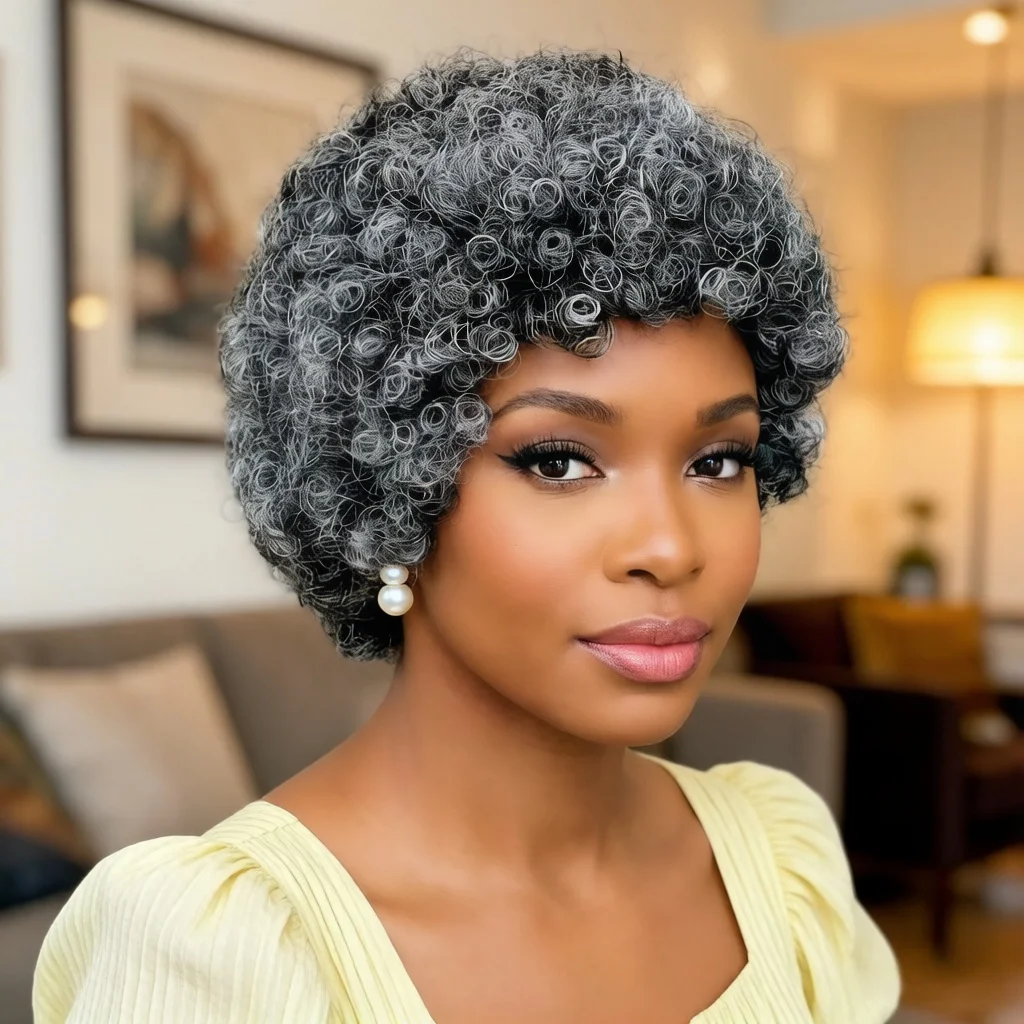 Short Curly Grey Human Hair Wigs for Women with Bangs Full Machine Made Wig
Short Curly Grey Human Hair Wigs for Women with Bangs Full Machine Made Wig