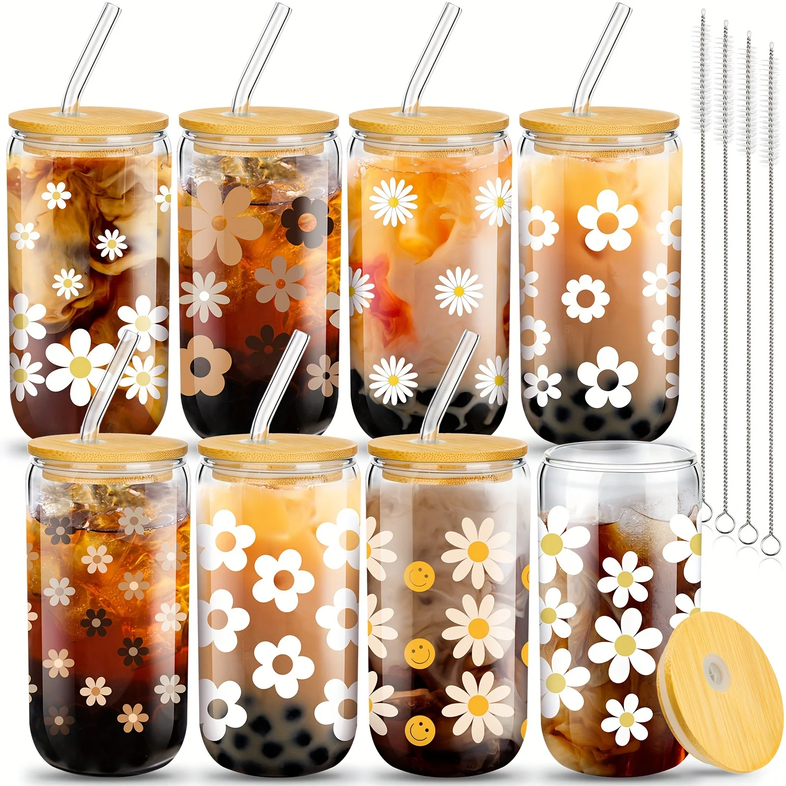8 Pcs Glass Cups With Bamboo Lids And Straws 16 Oz Beer Can Shaped Iced Coffee Drinking Cup Cute Pattern Gift Cups Reusable Glass Tumbler For Wine Tea Water - 4 Cleaning Brushes (Daisy)
8 Pcs Glass Cups With Bamboo Lids And Straws 16 Oz Beer Can Shaped Iced Coffee Drinking Cup Cute Pattern Gift Cups Reusable Glass Tumbler For Wine Tea Water - 4 Cleaning Brushes (Daisy)