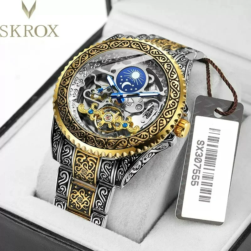 SKROX Tourbillon Watch Chinese Style Automatic Mechanical Wristwatch Hollow Relief Carving Sun Moon Star Phase Display Watch
SKROX Tourbillon Watch Chinese Style Automatic Mechanical Wristwatch Hollow Relief Carving Sun Moon Star Phase Display Watch