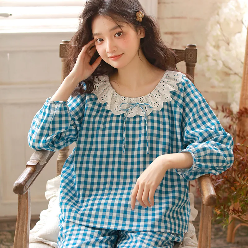 Fashion Embridery Pure Cotton Plaid Women's Pajamas Loose Long Sleeve Spring Autum Sleepwear Plus Size Sleepwear Home Wear
Fashion Embridery Pure Cotton Plaid Women's Pajamas Loose Long Sleeve Spring Autum Sleepwear Plus Size Sleepwear Home Wear