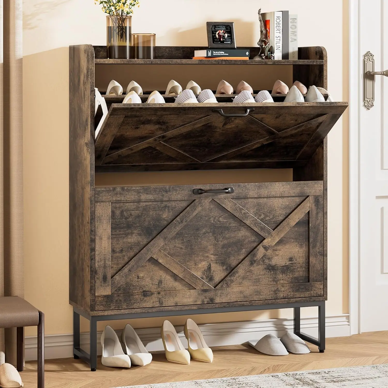 Freestanding Farmhouse Shoe Cabinet with 2 Flip Drawers and Metal Legs, Rustic Brown, Ideal Shoe Organizer for Entryway, Foyer, Hallway
Freestanding Farmhouse Shoe Cabinet with 2 Flip Drawers and Metal Legs, Rustic Brown, Ideal Shoe Organizer for Entryway, Foyer, Hallway