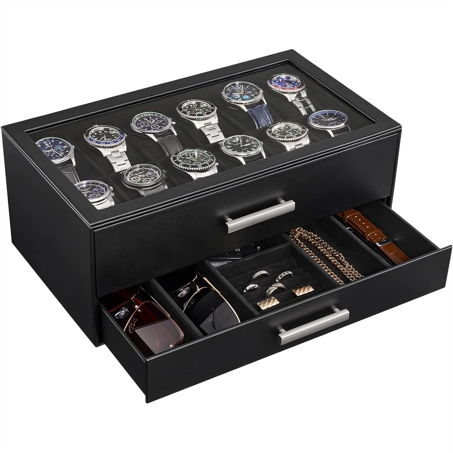 12-Slot Watch Box with Clear Top Lid, 2-Tier Pull-Out Drawers for Men, Watch Jewelry Sunglass Storage Organizer, Gift for Dad
12-Slot Watch Box with Clear Top Lid, 2-Tier Pull-Out Drawers for Men, Watch Jewelry Sunglass Storage Organizer, Gift for Dad