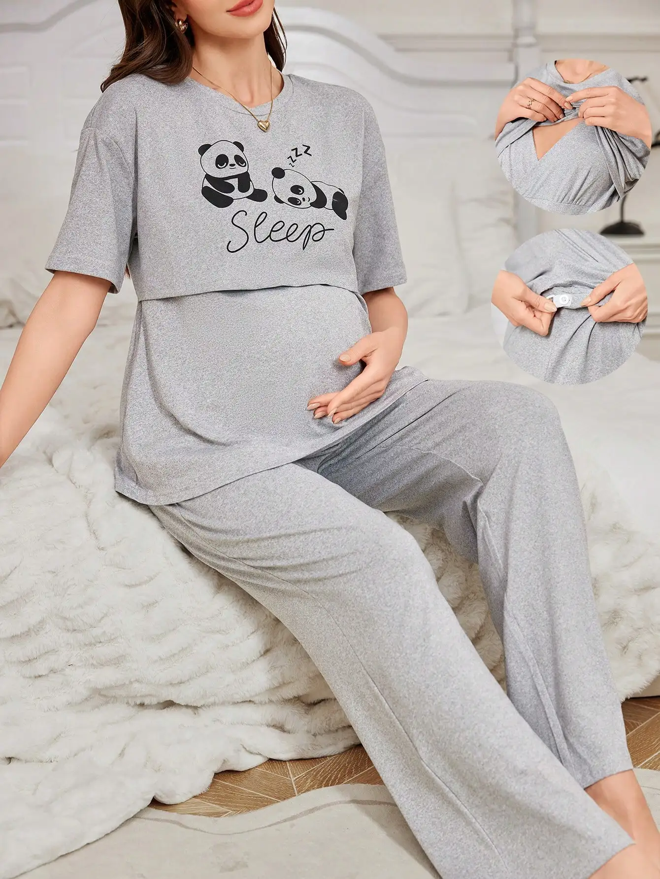 Комплект пижамы для кормящих мам с графическим принтом Gray Panda и застежкой на кнопках
Комплект пижамы для кормящих мам с графическим принтом Gray Panda и застежкой на кнопках