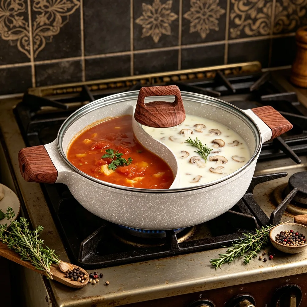 Marble Coated Divided Hot Pot - Double Flavor Non-Stick Shabu Shabu Pan with Glass Lid, for Induction & Gas, Aluminum Alloy Body
Marble Coated Divided Hot Pot - Double Flavor Non-Stick Shabu Shabu Pan with Glass Lid, for Induction & Gas, Aluminum Alloy Body