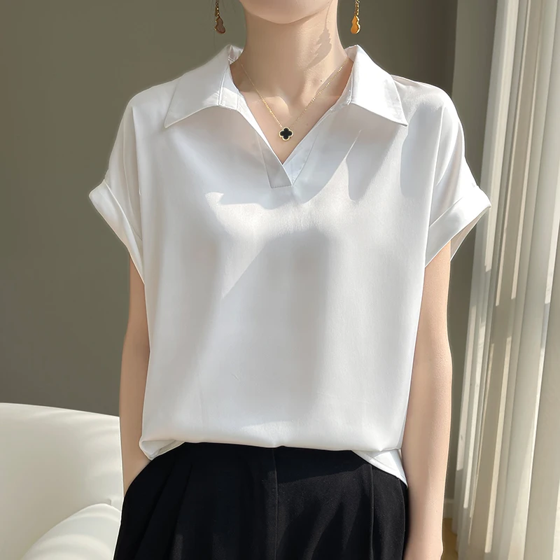 Spring Summer Silk T-Shirt Women Fashion Turn-down Collar Loose Casual Drop Sleeve Tops Korean Style Grosgrain Solid Tees Clothe
Spring Summer Silk T-Shirt Women Fashion Turn-down Collar Loose Casual Drop Sleeve Tops Korean Style Grosgrain Solid Tees Clothe