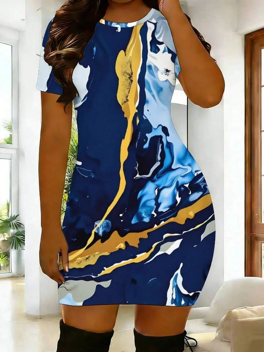 Womens Bodycon Dress With Abstract Blue Yellow Print Short Sleeve Mini Dress
Womens Bodycon Dress With Abstract Blue Yellow Print Short Sleeve Mini Dress