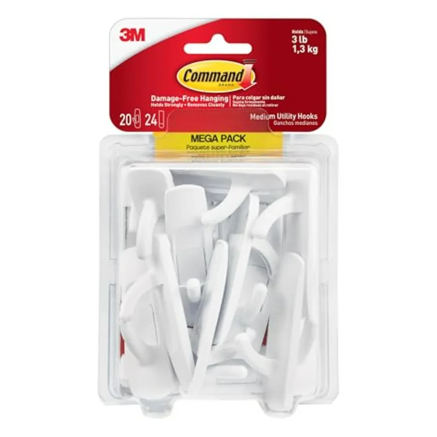 Medium Utility Hooks, 20 Hooks and 24 Strips, Damage-Free Hanging Wall Hook with Adhesive Strips, No Tools Great for Hanging, O
Medium Utility Hooks, 20 Hooks and 24 Strips, Damage-Free Hanging Wall Hook with Adhesive Strips, No Tools Great for Hanging, O