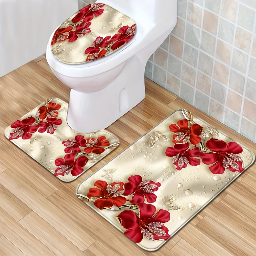 Red Crystal Flower Bathroom Floor Mat Set 3pcs Non-Slip Absorbent Toilet Lid Cover U-Shaped Rug and Decorative Bath Mat
Red Crystal Flower Bathroom Floor Mat Set 3pcs Non-Slip Absorbent Toilet Lid Cover U-Shaped Rug and Decorative Bath Mat
