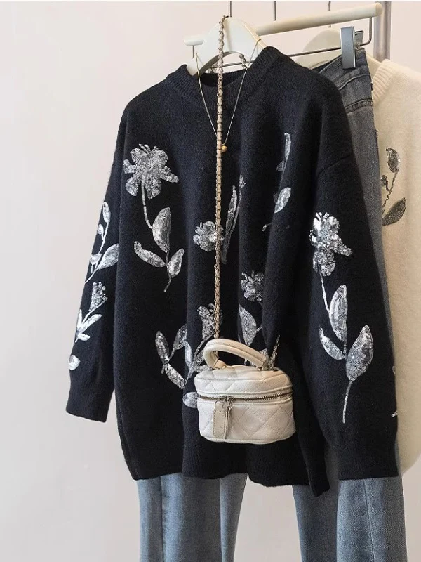 Elegant Black Sequin Flower Women's Sweater Shoulder Length Loose Fit Long Sleeve round Neck Casual Style Spring New Arrival
Elegant Black Sequin Flower Women's Sweater Shoulder Length Loose Fit Long Sleeve round Neck Casual Style Spring New Arrival