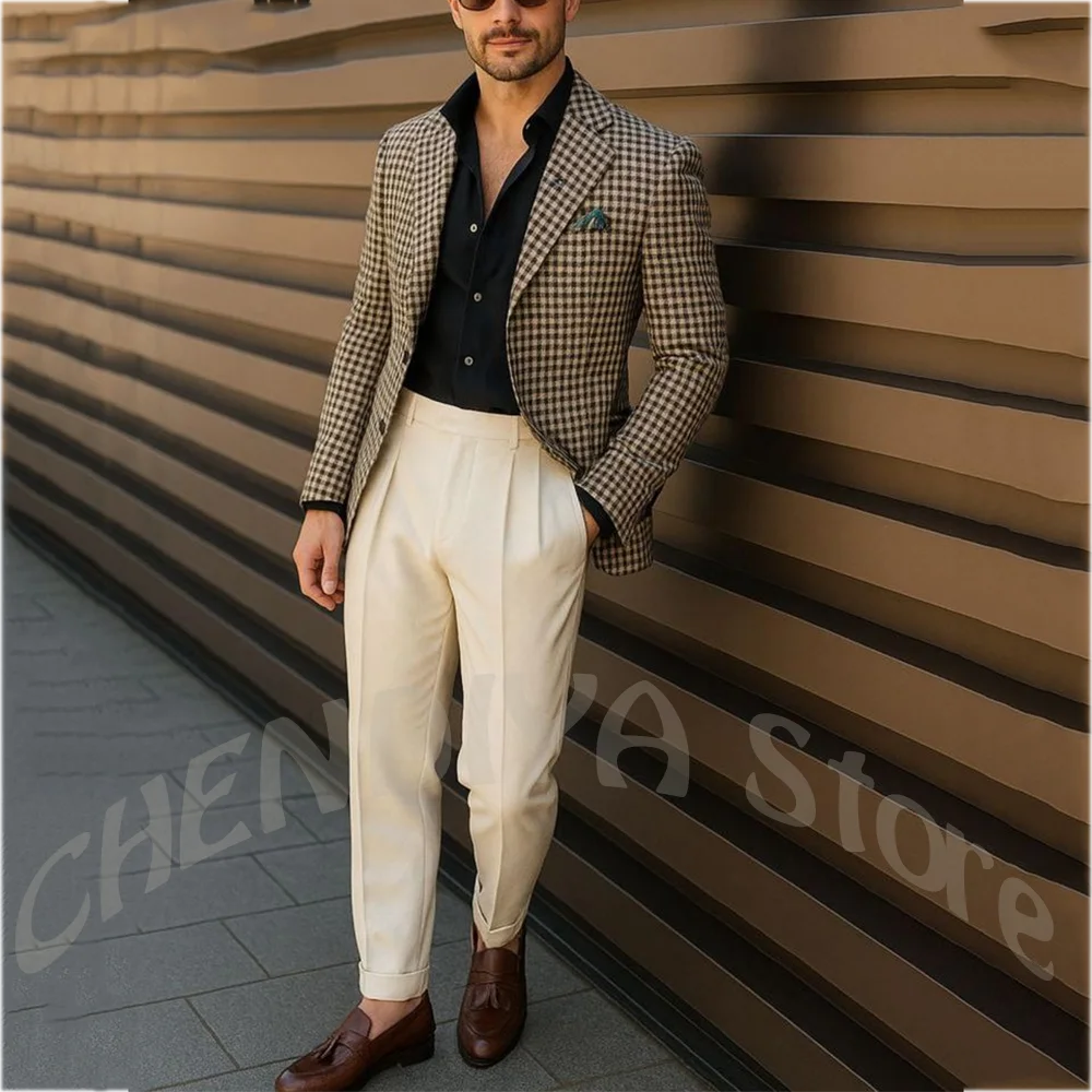Men's Plaid Suit Jacket Slim Fit Nocthed Lapel Single Breasted Blazer Pleated Beige Pants Tailored Business Casual Wear
Men's Plaid Suit Jacket Slim Fit Nocthed Lapel Single Breasted Blazer Pleated Beige Pants Tailored Business Casual Wear