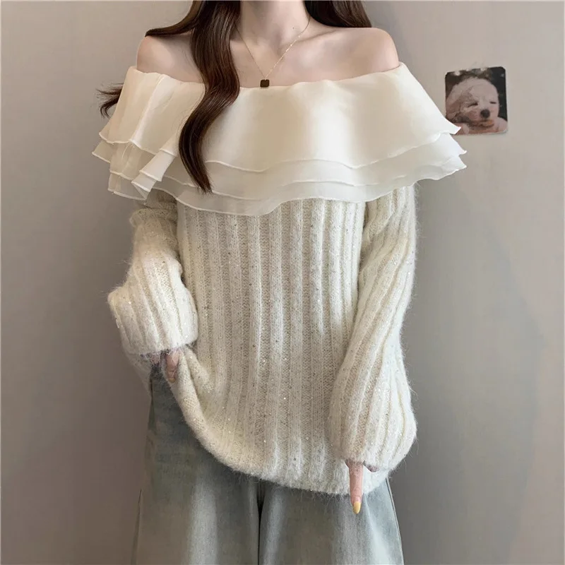 Loose Women's Knitted Sweater One-oulder Lace Trim Lazy Sle Korean Faion High-End Feeling Casual Loose Fit Top
Loose Women's Knitted Sweater One-oulder Lace Trim Lazy Sle Korean Faion High-End Feeling Casual Loose Fit Top