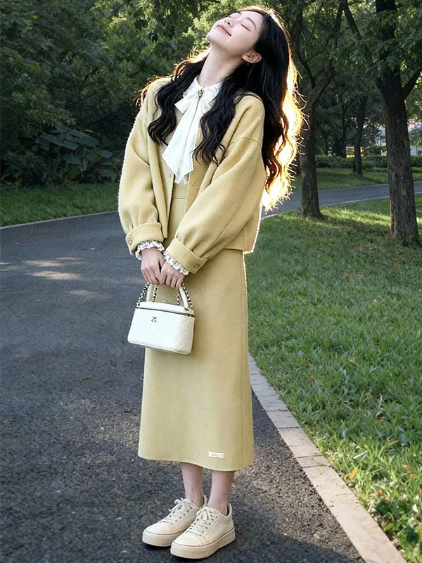 Korean College Sle Faion Ensemble Women's Spring Woolen Coat Knot irt Midi Skirt Tee Piece Set Ele Casual
Korean College Sle Faion Ensemble Women's Spring Woolen Coat Knot irt Midi Skirt Tee Piece Set Ele Casual