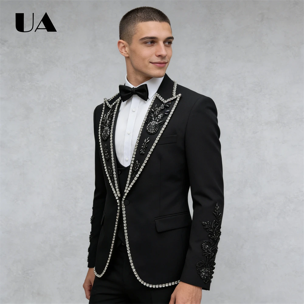 Black Formal Suit Attire for Men, One Button Crystals Suit Jacket with Vest and Pants, XS-3XL Men's 3-Piece Tuxedo Set
Black Formal Suit Attire for Men, One Button Crystals Suit Jacket with Vest and Pants, XS-3XL Men's 3-Piece Tuxedo Set