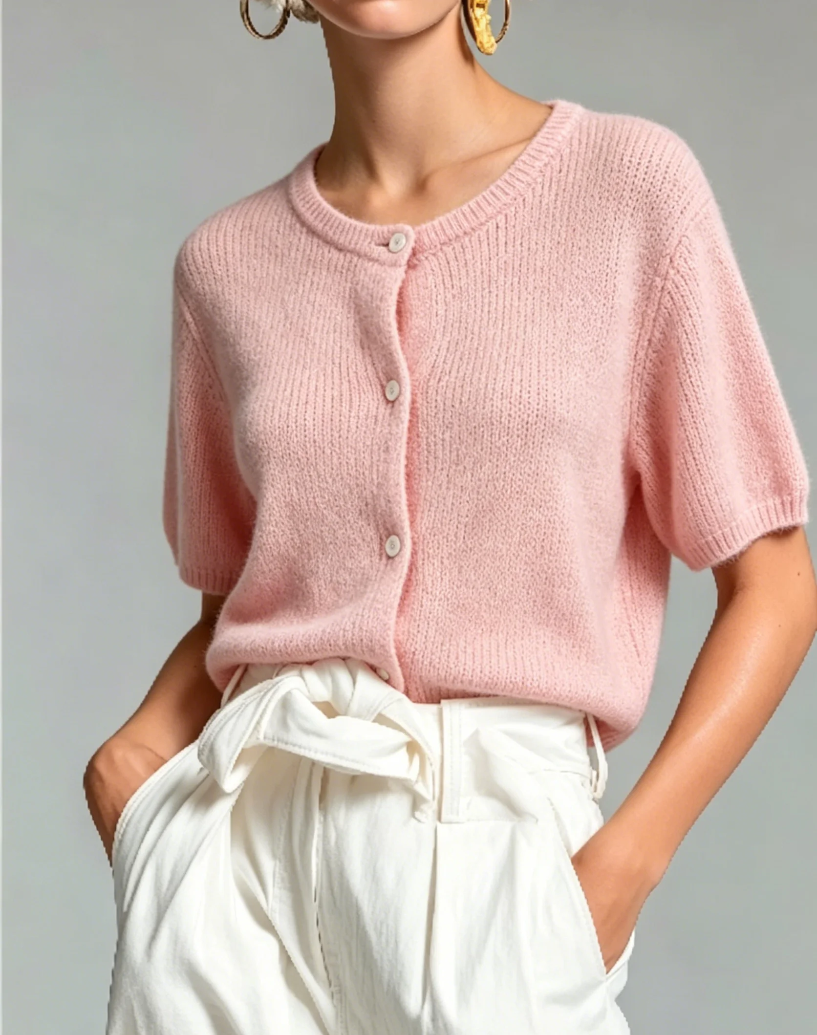 Women's Pink Knit Cardigan Summer Short Sleeve Button Down Cropped Sweater Casual Daily Streetwear Knitted Top
Women's Pink Knit Cardigan Summer Short Sleeve Button Down Cropped Sweater Casual Daily Streetwear Knitted Top