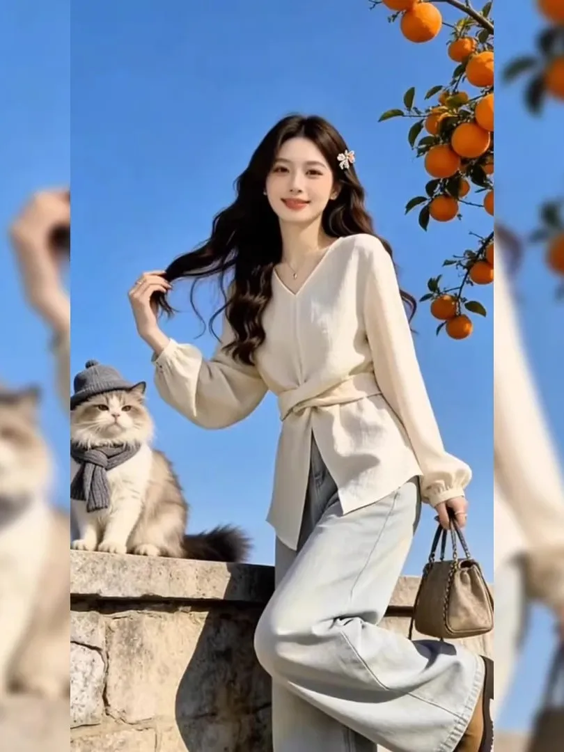 Elegant V-Neck Slit Long Sleeve Shirt Women's plus Size Slimming Top Korean Style Commute Fashion Spring New Arrival
Elegant V-Neck Slit Long Sleeve Shirt Women's plus Size Slimming Top Korean Style Commute Fashion Spring New Arrival
